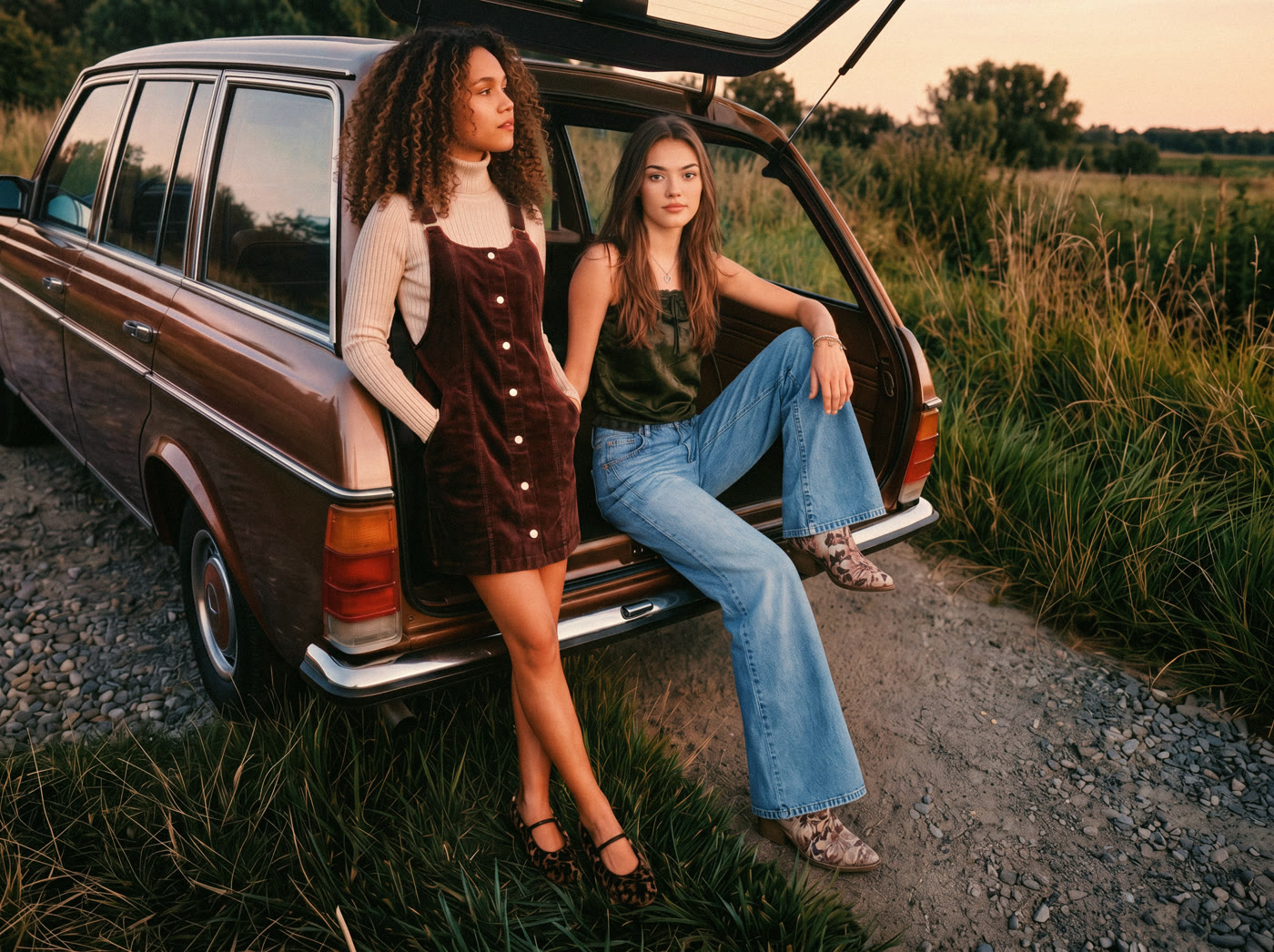 Celebrity Pink campaign: two models in corduroy and denim beside a vintage station wagon